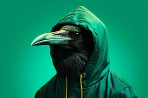 a black bird wearing a hoodie with a green background photo