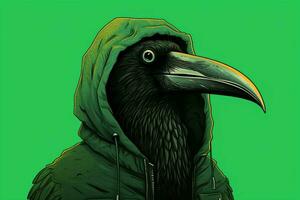 a black bird wearing a hoodie with a green background photo