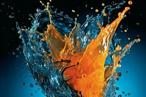 a blue and orange water splash with a blue backgrou photo