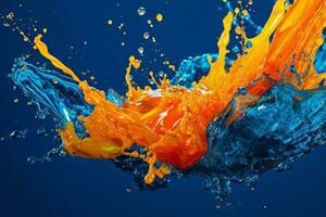 a blue and orange water splash with a blue backgrou photo