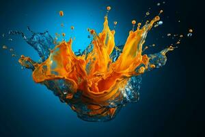 a blue and orange water splash with a blue background photo