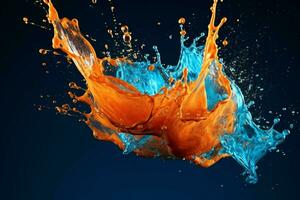 a blue and orange water splash with a blue background photo