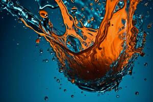 a blue and orange water splash with a blue background photo