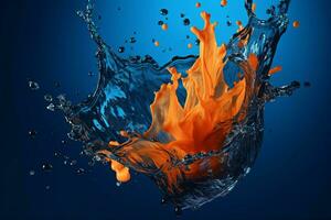 a blue and orange water splash with a blue background photo