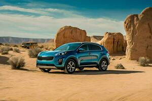 a blue kia sportage is parked under a bridge in the photo