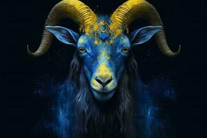 a blue and yellow drawing of a goat with a blue f photo