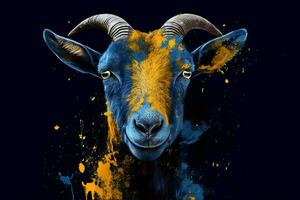 a blue and yellow drawing of a goat with a blue f photo