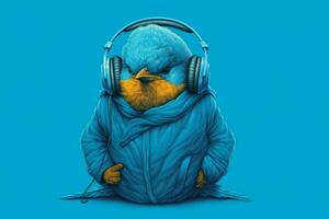 a blue bird with headphones and a hoodie that say photo