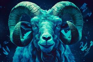 a blue poster with a goats face and the word ram photo