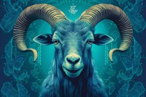 un azul póster con un cabras cara y el palabra RAM foto