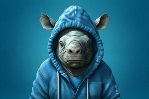 a blue rhino with a hoodie that saysim a rhino photo