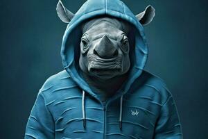 a blue rhino with a hoodie that saysim a rhino photo