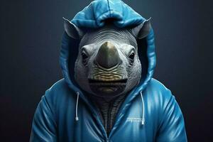 a blue rhino with a hoodie that saysim a rhino photo