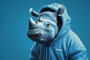 a blue rhino with a hoodie that saysim a rhino photo