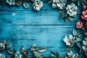 a blue wooden background with flowers on it photo