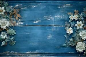 a blue wooden background with flowers on it photo