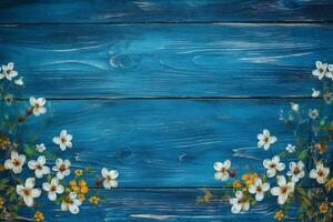 a blue wooden background with flowers on it photo