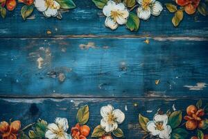 a blue wooden background with flowers on it photo