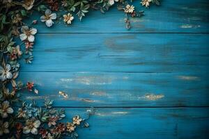 un azul de madera antecedentes con flores en eso foto