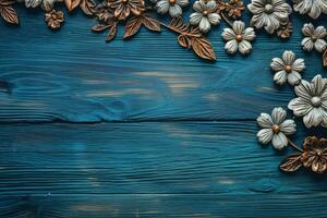 a blue wooden background with flowers on it photo