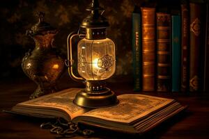 un libro es abierto a un lámpara siguiente a un iluminado linterna foto