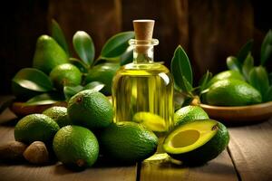 a bottle of avocado oil sits on a wooden table wi photo