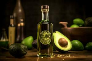 a bottle of avocado oil sits on a wooden table wi photo