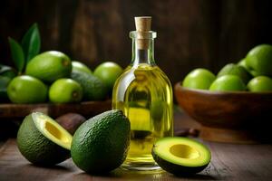 a bottle of avocado oil sits on a wooden table wi photo