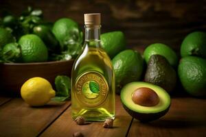 a bottle of avocado oil sits on a wooden table wi photo