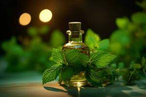 a bottle of essential oil next to a sprig of mint photo