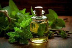 a bottle of essential oil next to a sprig of mint photo