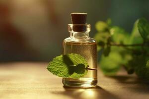 a bottle of essential oil next to a sprig of mint photo