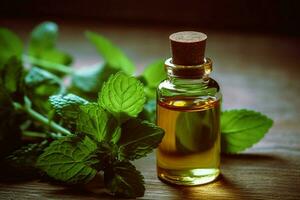 a bottle of essential oil next to a sprig of mint photo