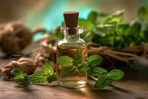 a bottle of essential oil next to a sprig of mint photo