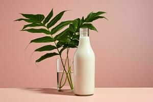 a bottle of milk next to a plant on a pink background photo