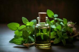 a bottle of essential oil next to a sprig of mint photo