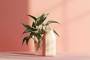 a bottle of milk next to a plant on a pink background photo