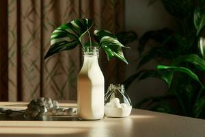 a bottle of milk sits on a table next to a plant photo