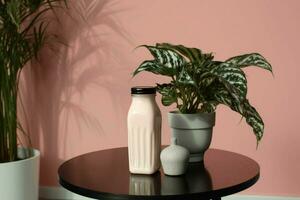 a bottle of milk with a black cap sits on a pink photo