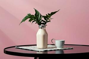 a bottle of milk with a black cap sits on a pink photo