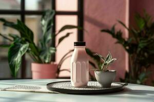 a bottle of milk with a black cap sits on a pink photo