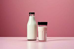 a bottle of milk with a black cap sits on a table photo