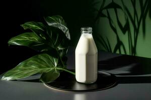 a bottle of milk with a black cap sits on a table photo