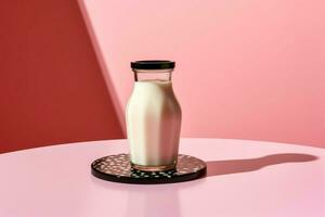 a bottle of milk with a black cap sits on a table photo