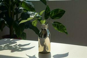 a bottle of milk with a metal lid stands on a tab photo