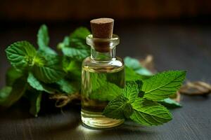 a bottle of mint essential oil next to a sprig of photo