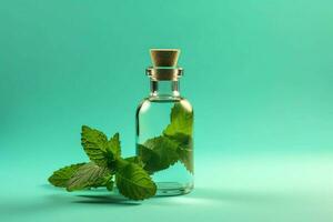 a bottle of mint essential oil with a green leaf photo