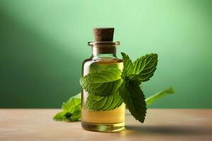 a bottle of mint essential oil with a green leaf photo