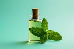 a bottle of mint essential oil with a green leaf photo