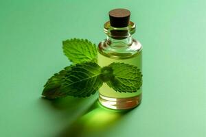 a bottle of mint essential oil with a green leaf photo